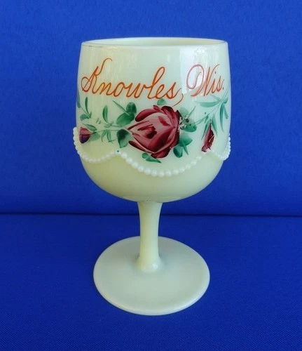 HEISEY EAPG Uranium UG Custard Glass Stemmed Goblet - Souvenir KNOWLES Wis WI