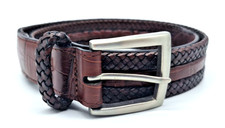Brighton Brown Braided Leather Belt Brushed Silver Buckle Faux Alligator Sz 34