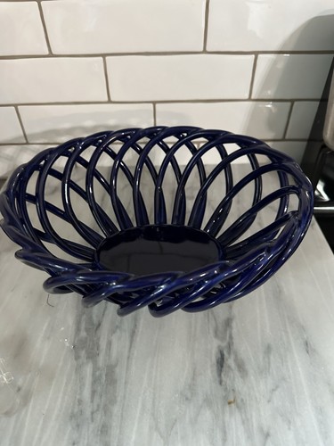 Eucalyptus Stoneware Bread Fruit Basket Cobalt Blue Oval, 10"L x 7.5"W - Picture 3 of 13