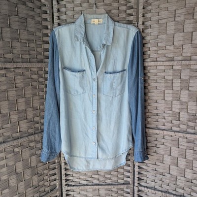 Cloth & Stone Two Tone Blue Denim Tencel Roll Tab Sleeve Button Up Shirt Sz S