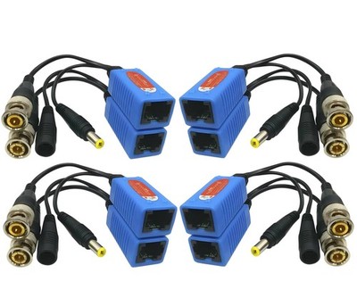 4 Pair Passive Video Balun BNC to RJ45 Adapter with Power, 1080P-8MP Surveillanc