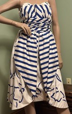 Vintage Victor Costa Blue/White Cotton Strapless DRESS w/overlay Skirt