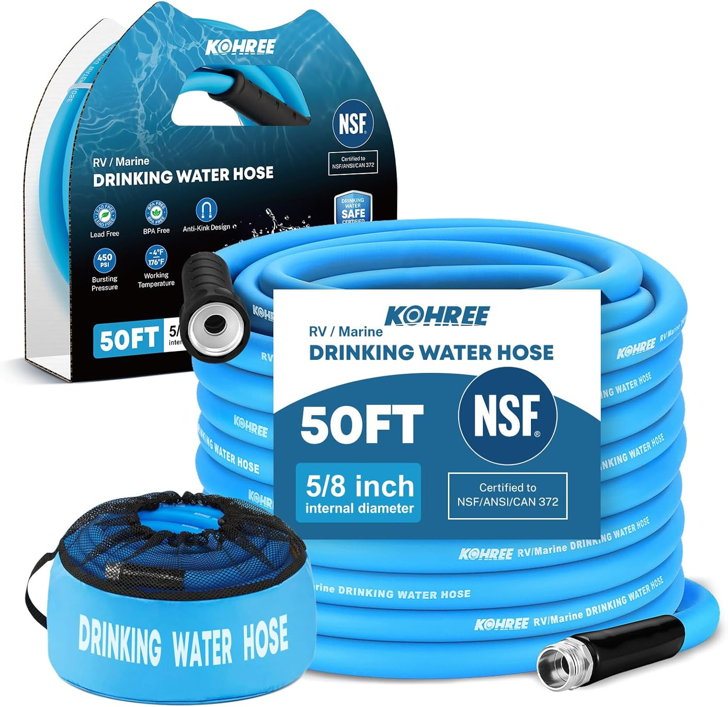 NSF 372 Certified 50-Ft Drinking Water Hose, 5/8'' Premium R