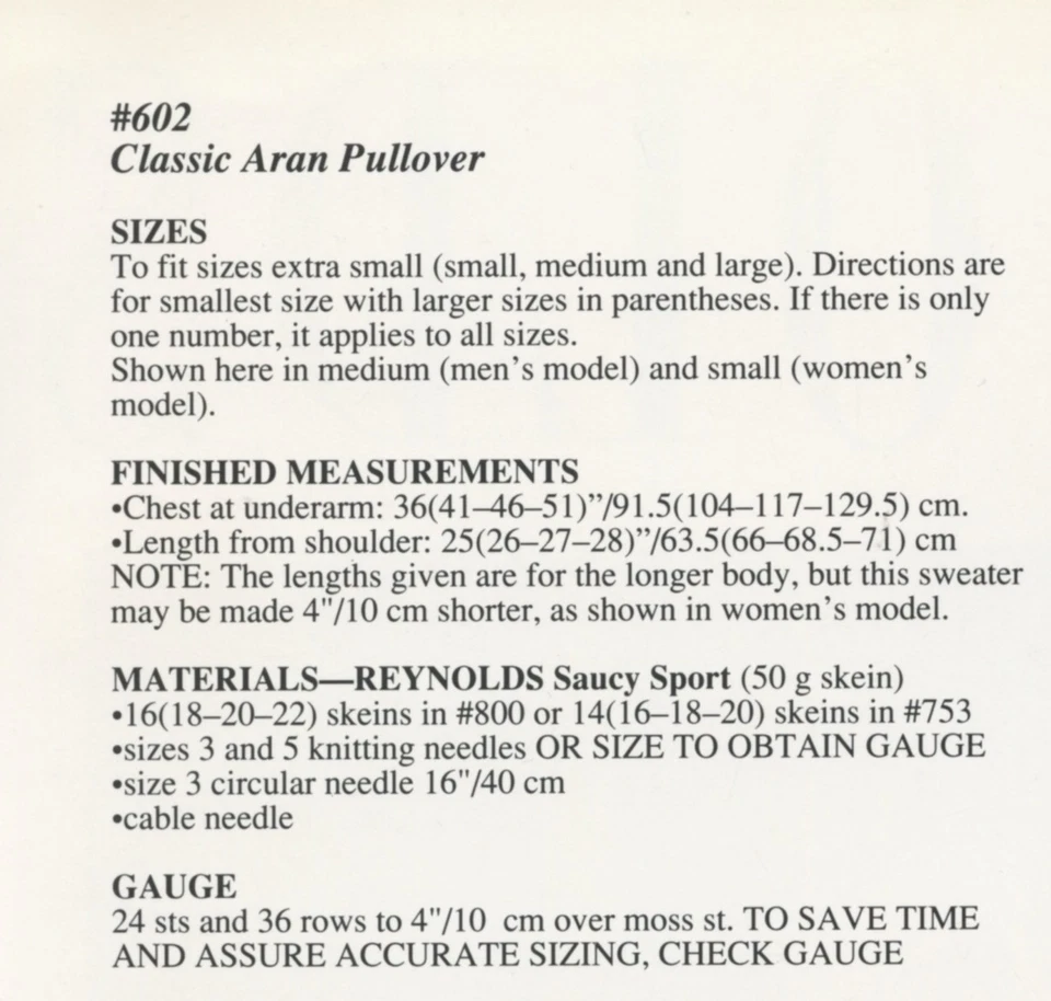 Pullover clásico Reynolds Saucy Sport tejido patrón 602 para hombre y mujer 36"-51" Foto 2 de 3