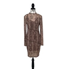 Guess Dress Women L Brown Snakeskin Mesh Mock Neck Lettuce Edge Animal Print Y2K