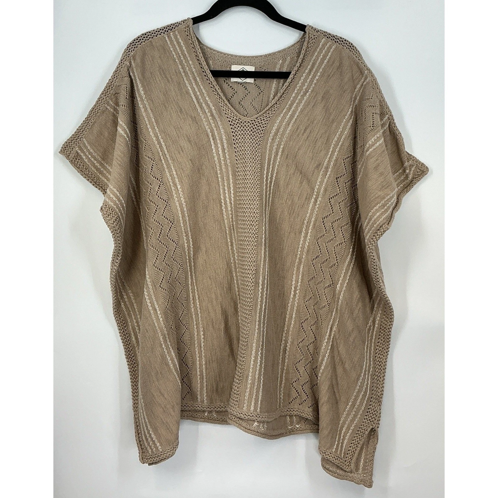 St John's Bay Crochet Knit Open Front Poncho Cardigan Tan Neutral Boho Coastal