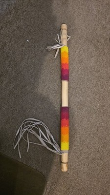 Native American Style Powwow Dance Stick Colorful Beaded Wrap and Leather Fringe