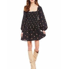 Free People Two Faces Smocked Printed Mini Dress Black Combo Size Large