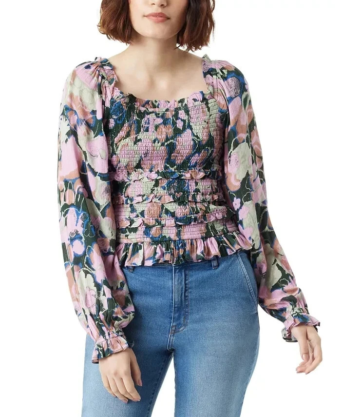 Sam Edelman XL Floral Smocked Top Pink Blue Gold Ruffle Peplum Boho Cottagecore