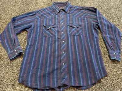 Vintage Wrangler Western Striped Distress Mens Pearl Snap Shirt XL  17 X 17.5