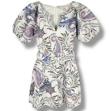 Loft Paisley Linen Blend Belted Puff Sleeve Dress Women’s Size 0 Lined V-Neck