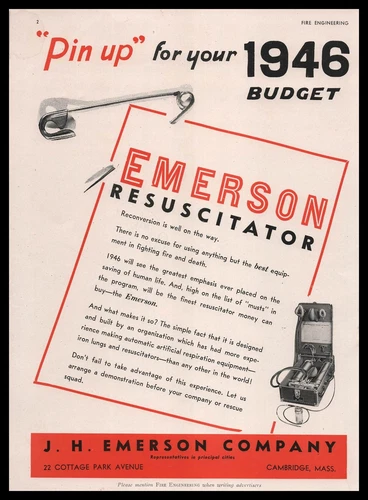 1946 J. H. Emerson Cambridge Massachusetts Fire Fighting Resuscitators Print Ad