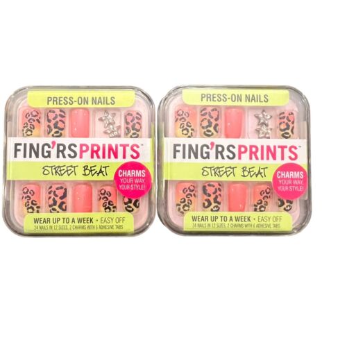 FING'RS PRINTS PRESS-ON 24 PRE-GLUED NAILS STREET BEAT Animal Print Orange SET 2