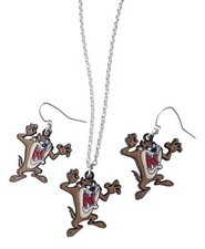 Tazmanian Devil "Taz" 1.3" Tall Metal Enamel Earrings and Pendant Necklace Set