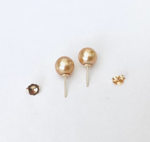 7.8 - 8 mm Golden South Sea Cultured Pearl , 14k Gold Stud Earrings NEW - Picture 4 of 6