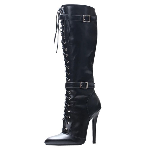Women 14Cm High Heeled Pointed Toe Lace Up Knee Length Boots Vintage Shoes Clubs - Picture 17 of 23