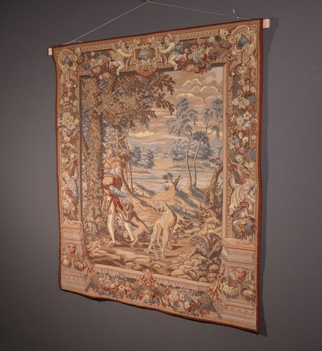 Large 53" Tall Vintage French Wool Hanging Tapestry of Two Men Hunting w/Dogs - Imagen 2 de 12