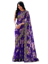 Women's Floral Georgette Lace Border Saree With Unstitched Blouse Piece
