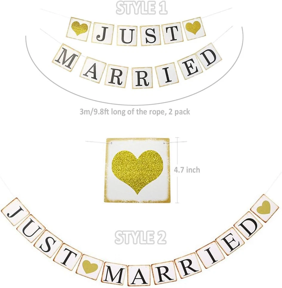 Guasslee JUST Married Banner Car Decorations, Gold Glitter Just Married Sign Gar - Image 2 of 4