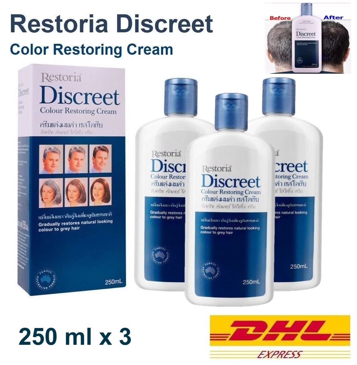 3x Restoria Discreet Hair Colour Restoring Cream, Grey Hair Covering