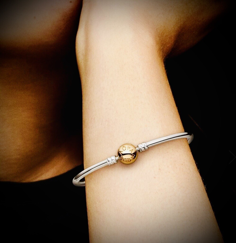 Authentic Pandora Silver & 14k Gold Clip Lock Charm Bangle 590718