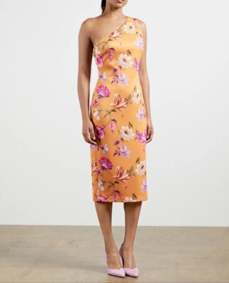 TED BAKER ORANGE FLORAL FORMAL BODYCON MIDI DRESS ONE SHOULDER SIZE UK 12  UK
