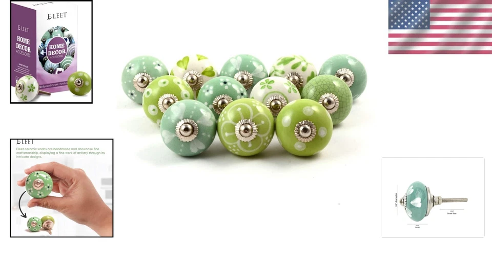 Eleva tu decoración: perillas de cerámica vintage pintadas a mano - paquete de 12 verdes y blancos Foto 2 de 4
