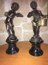 Auguste Moreau 1834/1917 Paire Statuettes Angelots Troubadours Bronze 2 Patines