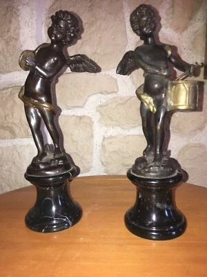 Auguste Moreau 1834/1917 Paire Statuettes Angelots Troubadours Bronze 2 Patines - Photo 1/4
