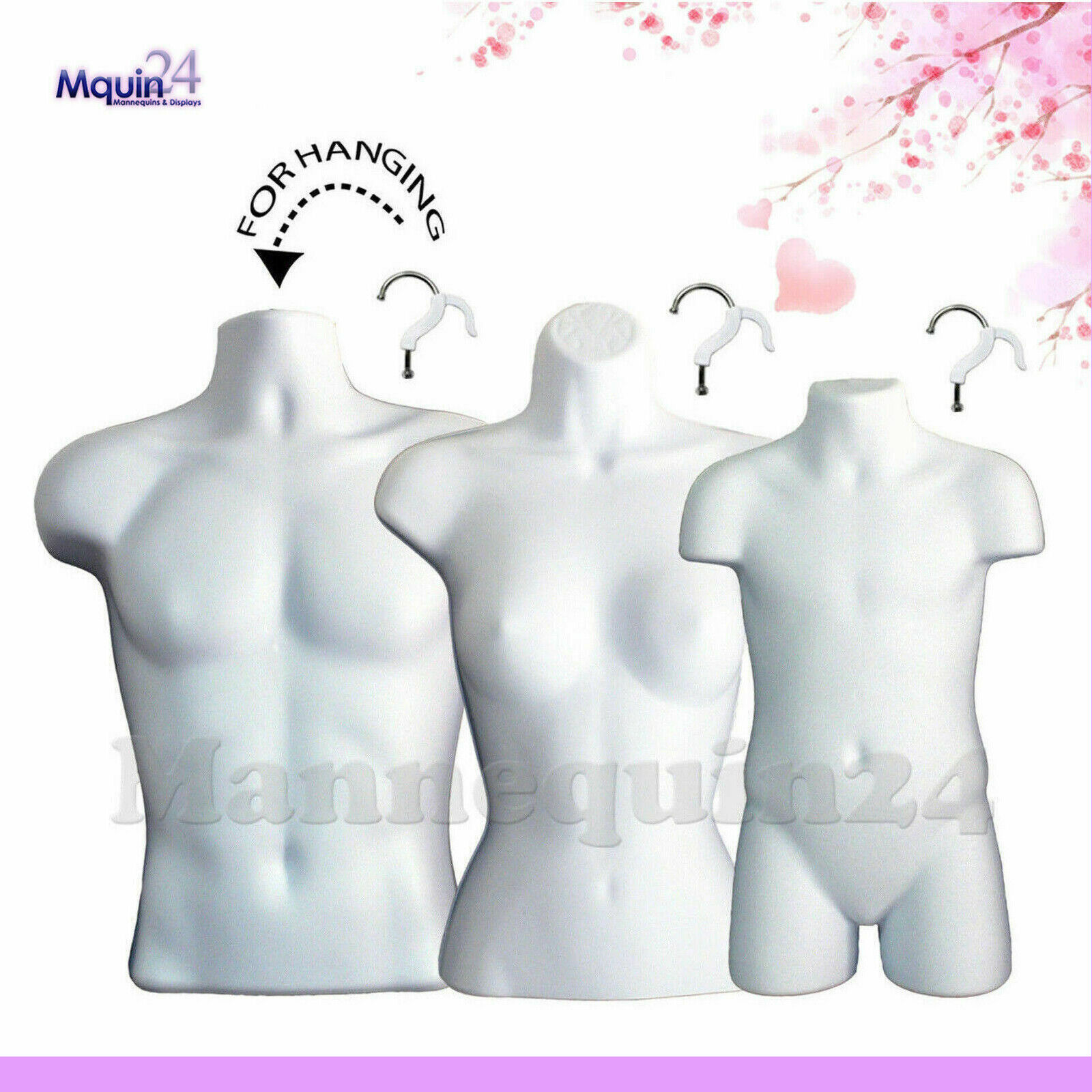 Mannequin Male National uniform free shipping Female Childs Torso Set White - 3 Hanging Fixed price for sale Plastic