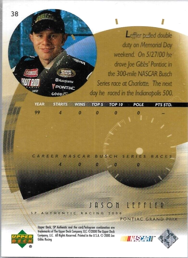 NASCAR Jason Leffler signed 2000 SP UPPER DECK #38 card (D. 2013