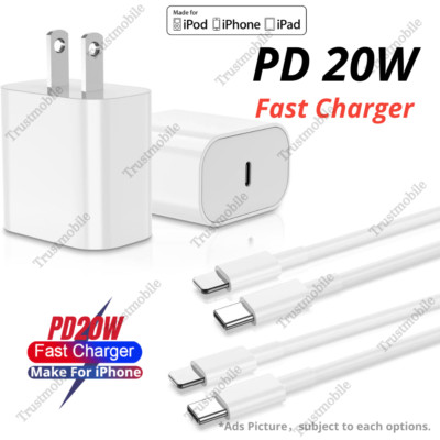 For iPhone 14 13 12 11 XR X 8 USB-C Power Adapter Block 20W PD Fast Charger Cord