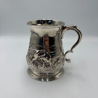 1739 George II Solid Silver Memorial Tankard Hunting Scene Richard Gurney & Co