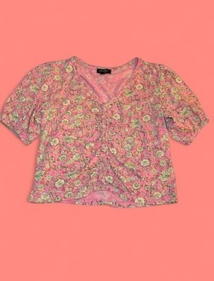 Jessica Simpson Women s M Pink Floral Ruched V-Neck Puff Sleeve Crop Blouse