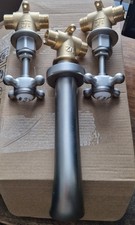Wall Mounted Basin Taps & Spout Brushed Silver Crosshead Traditional 3 Piece Set