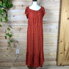 Old Navy Maxi Dress Women XL Red Orange Floral Boho Smocked Peasant Cottagecore