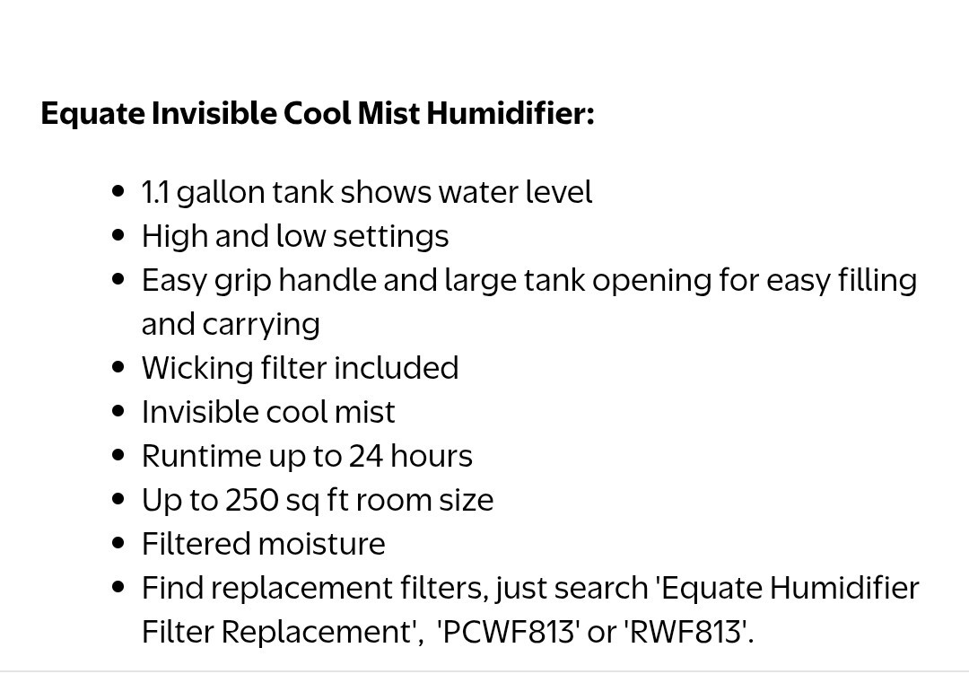 ✨️ Equate Invisible Cool Mist Humidifier, Requires Filter, 1.1 Gallon 👍GREAT