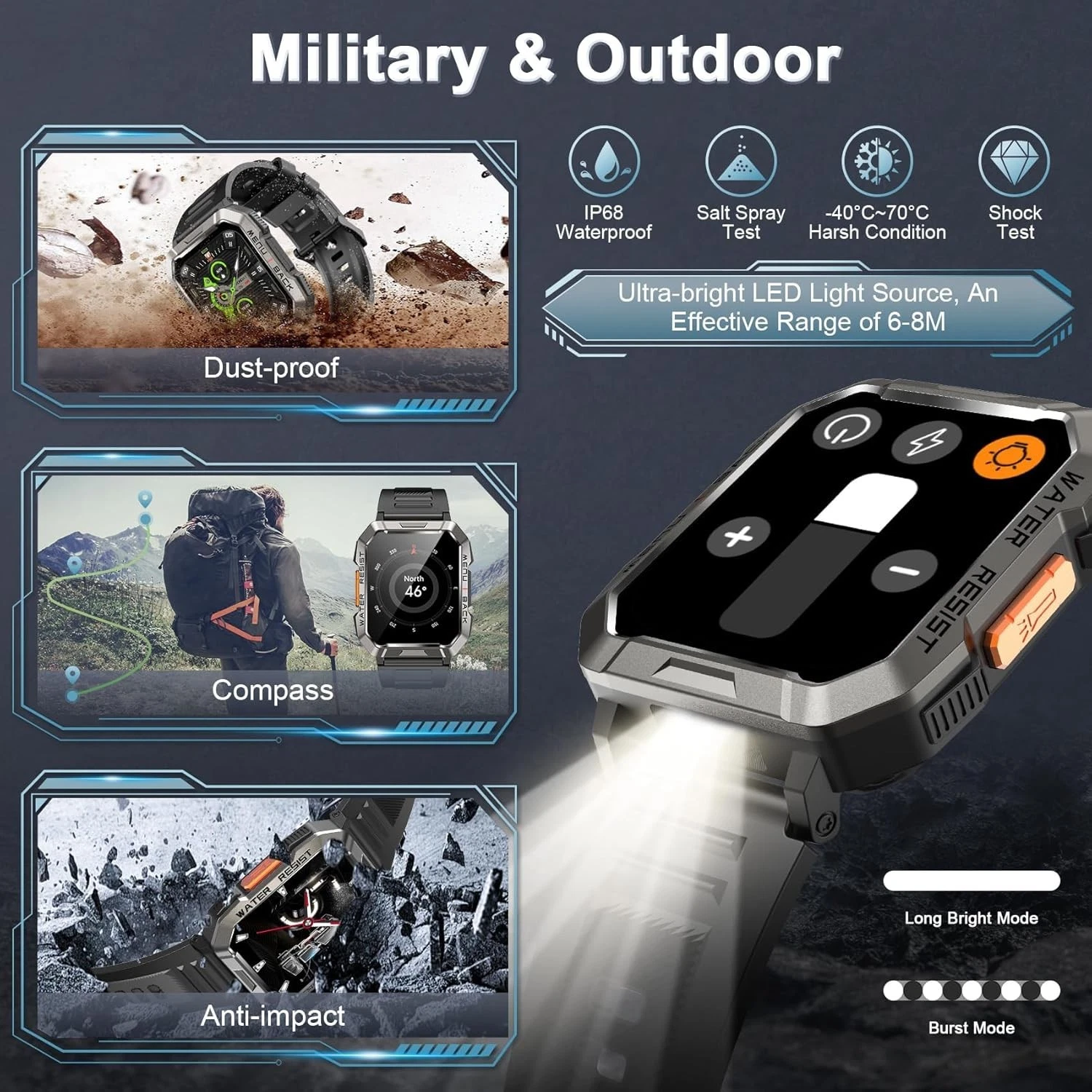 Military Smartwatch 55 mm Black Case Black Silicone Watch for Men
