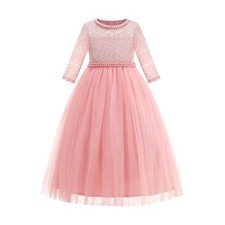 Flower Girl Dress Vintage Floral Lace 3/4 Sleeves Wedding Formal 5-6 Years Pink