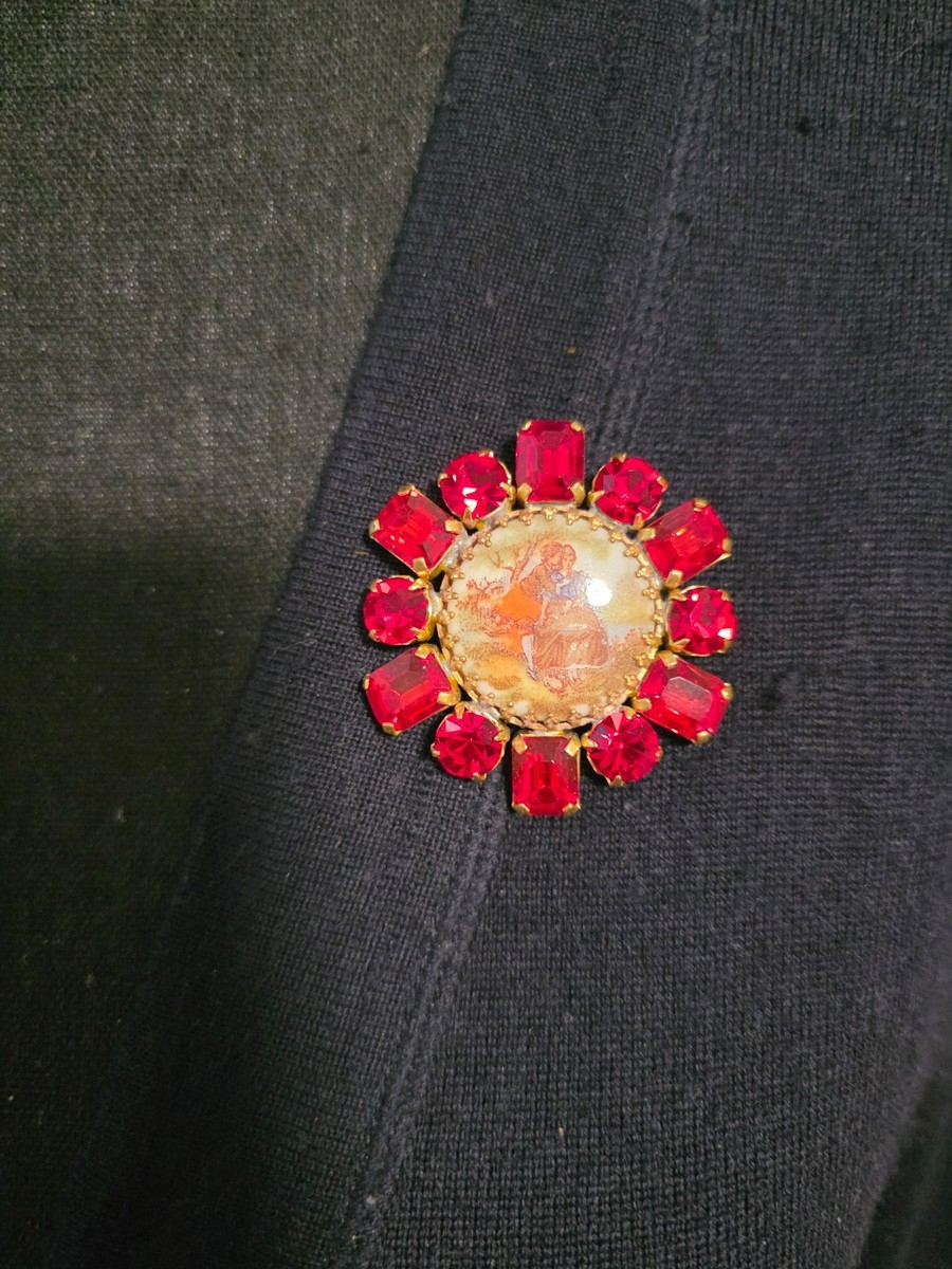Czech brooch, glass ruby red crystals, hand painted porcelain at the center View 6