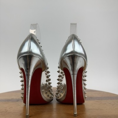 Womens Christian Louboutin Spike Me PVC Silver Stiletto Heels