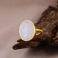 Handmade Moonstone Ring Gold Plated Oval Gemstone Boho Statement Jewelry Gift