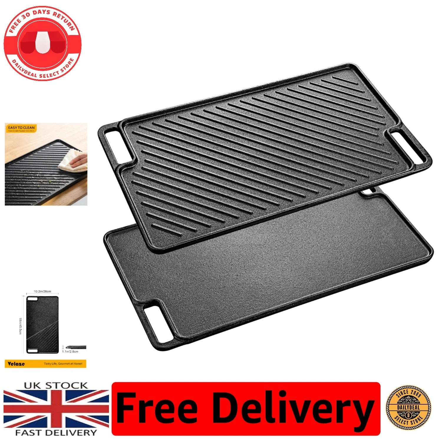 Versatile Double-Sided Cast Iron Griddle for Gas & Electric Hobs - 45.5x26cm
