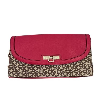 DKNY Signature Chain Clutch Shoulder Bag Chino Fabric Pink Lthr 742315301