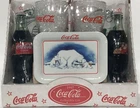 Vintage Coca Cola Gift Set 2 Glasses & 2 Coke Bottles w Metal Tray 1997