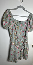 Lily Rose Womes Size L Boho Blue Floral Ruffle Short Sleeve Wrap Dress Tie