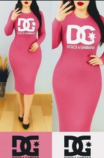Dolce & Gabbana Women's Ribbed Knit Logo Bodycon Midi Dress Pink, 2 in Stock