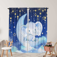 Window Curtains For Kids Boys Girls Blue Twinkle Watercolor Elephant