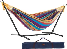 Double Cotton Hammock with Space Saving Steel Stand, Upgraded Polyester End Stri