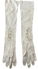 Vintage White Leather 22.5  Length W/Faux Pearl Buttons Full Length Opera Gloves